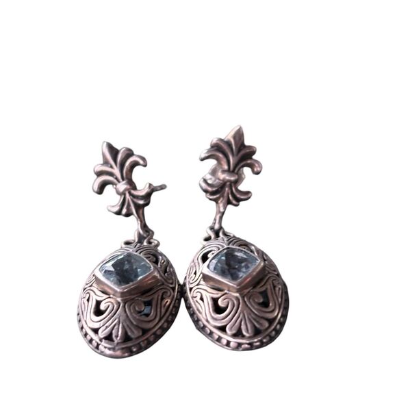 New Sterling Silver and Fleur-de-lis Blue Topaz  Dangle Drop Earrings - Picture 8 of 8